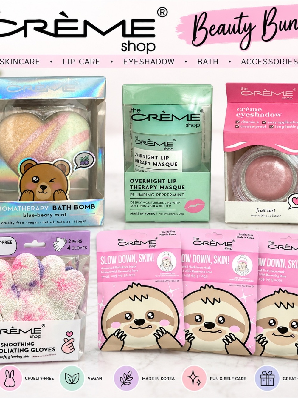 NWT The Crème Shop 8-Piece Beauty Self Care Bundle Face Masks Bath Lip Eyeshadow